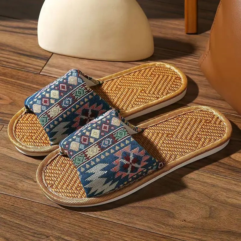 

Men's Four Seasons New Lovers Linen Home Slippers Open Toe Soft Sole Breathable Ethnic Style Lightweight Floor Silent Slippers