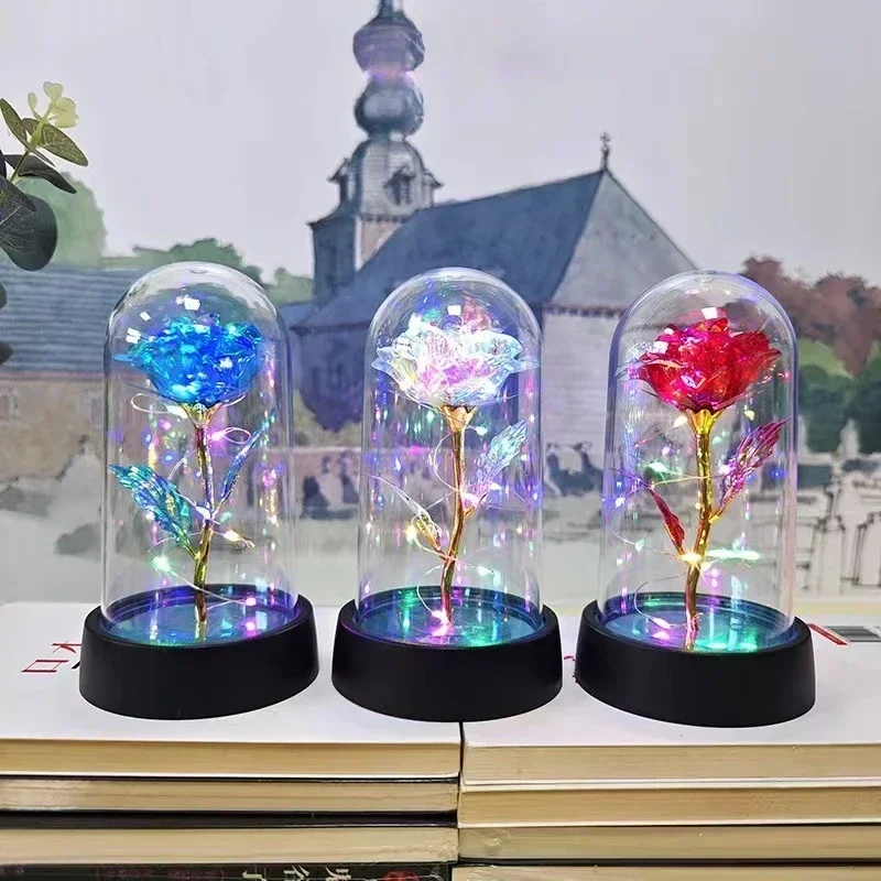 Valentine's Day Preserved Flower Glass Cover Colorful Rose LED Light Desktop Ornament Birthday Gift Manufacturer Spot