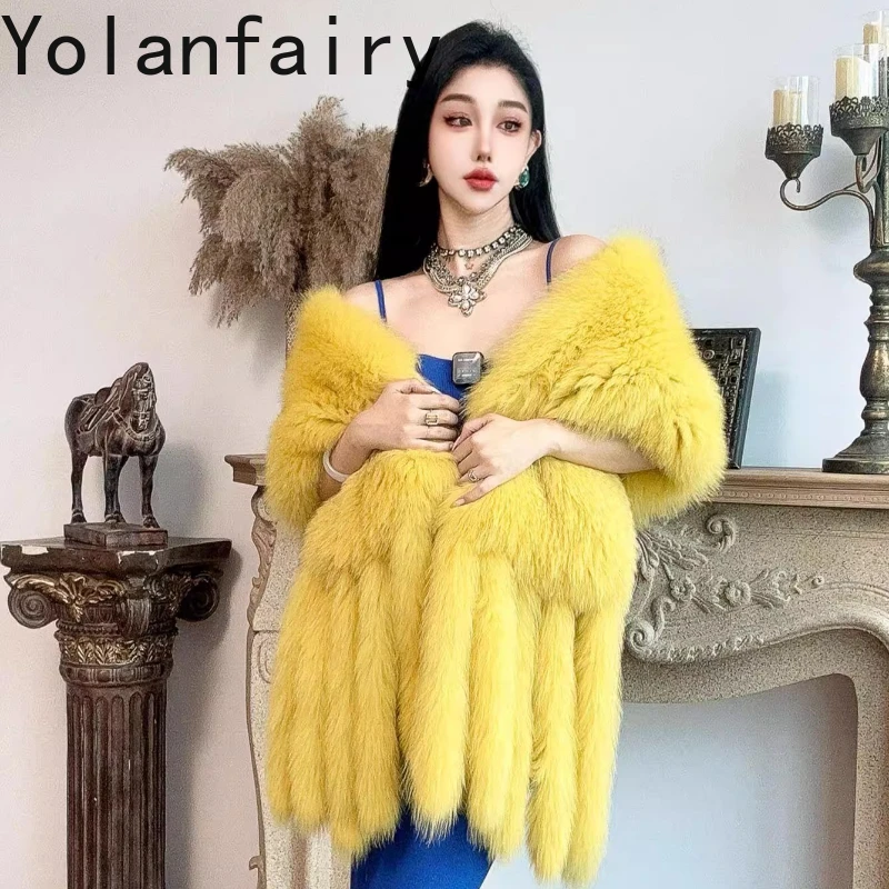 YOLANFAIEY Autumn and Winter Imported lemon yellow one-line fox fur commuting style woven Tassel fur coat shawl  scarf шуба 2025
