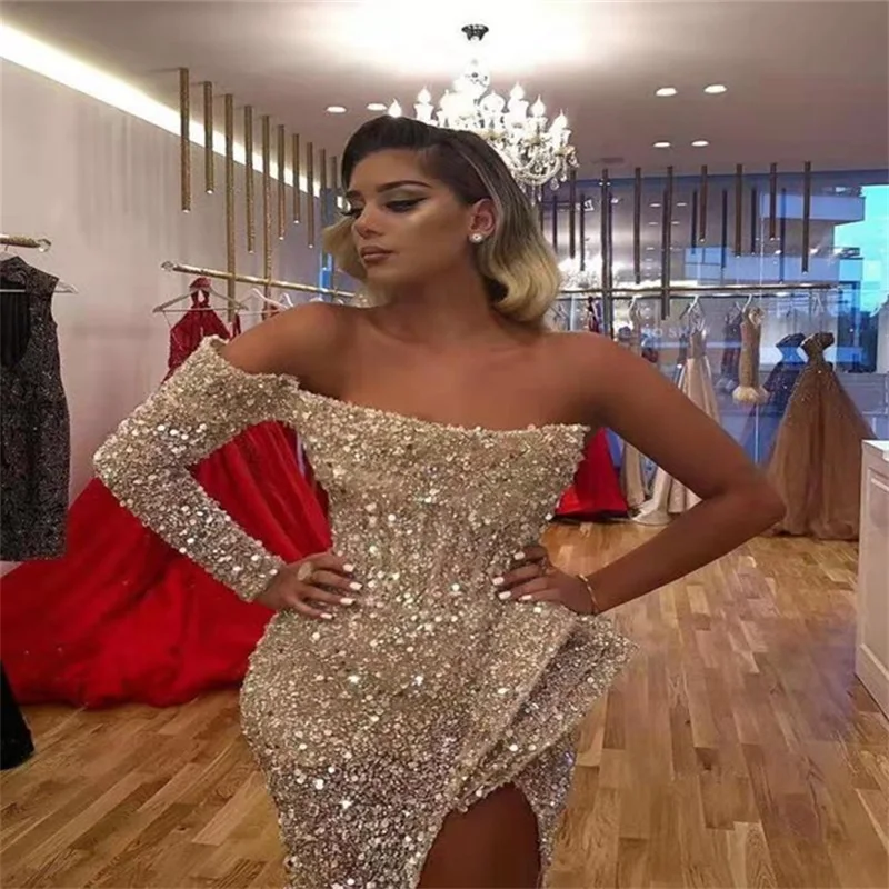 Sequins Paillette Off The Shoulder Women Prom Dress Split Boat Neck Party Gown Elegant Long Sleeve Evening Dress Newest In Stock