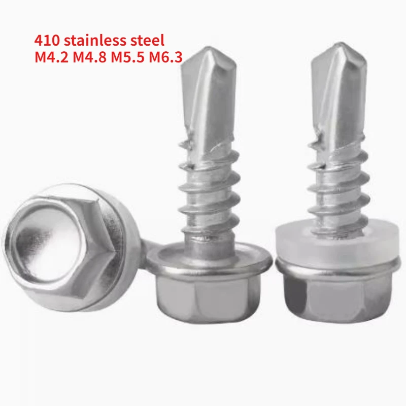 20/50/100pcs 410 Stainless Steel M4.2 M4.8 M5.5 M6.3 Hexagon Hex Flange Self-tapping Drill Tail Screws With Collar
