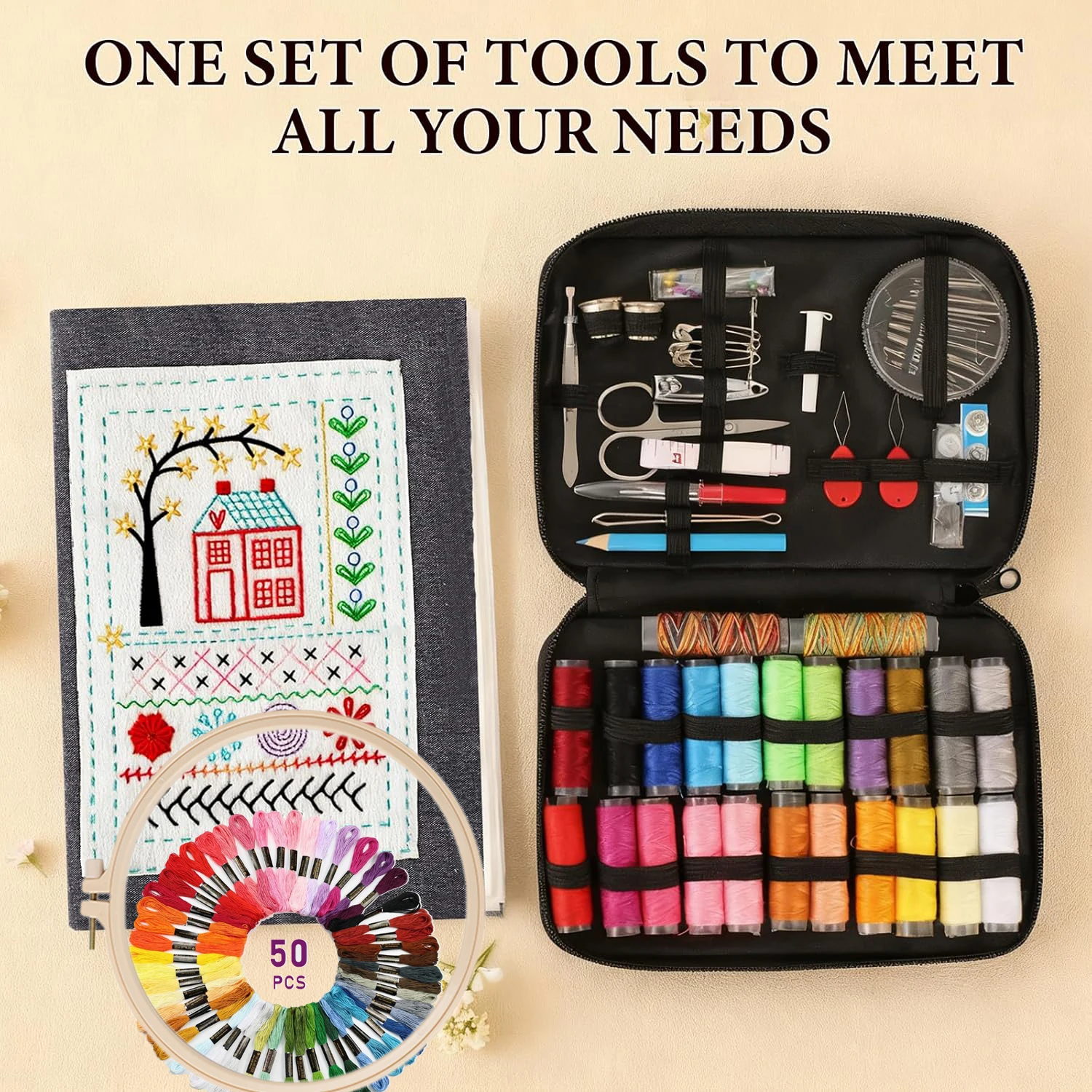 DIY Stitch Kit Portable Sewing Kit with Linen Fabric Creative Patterns Multi-Stitch Guide for Beginners Handmade Lovers