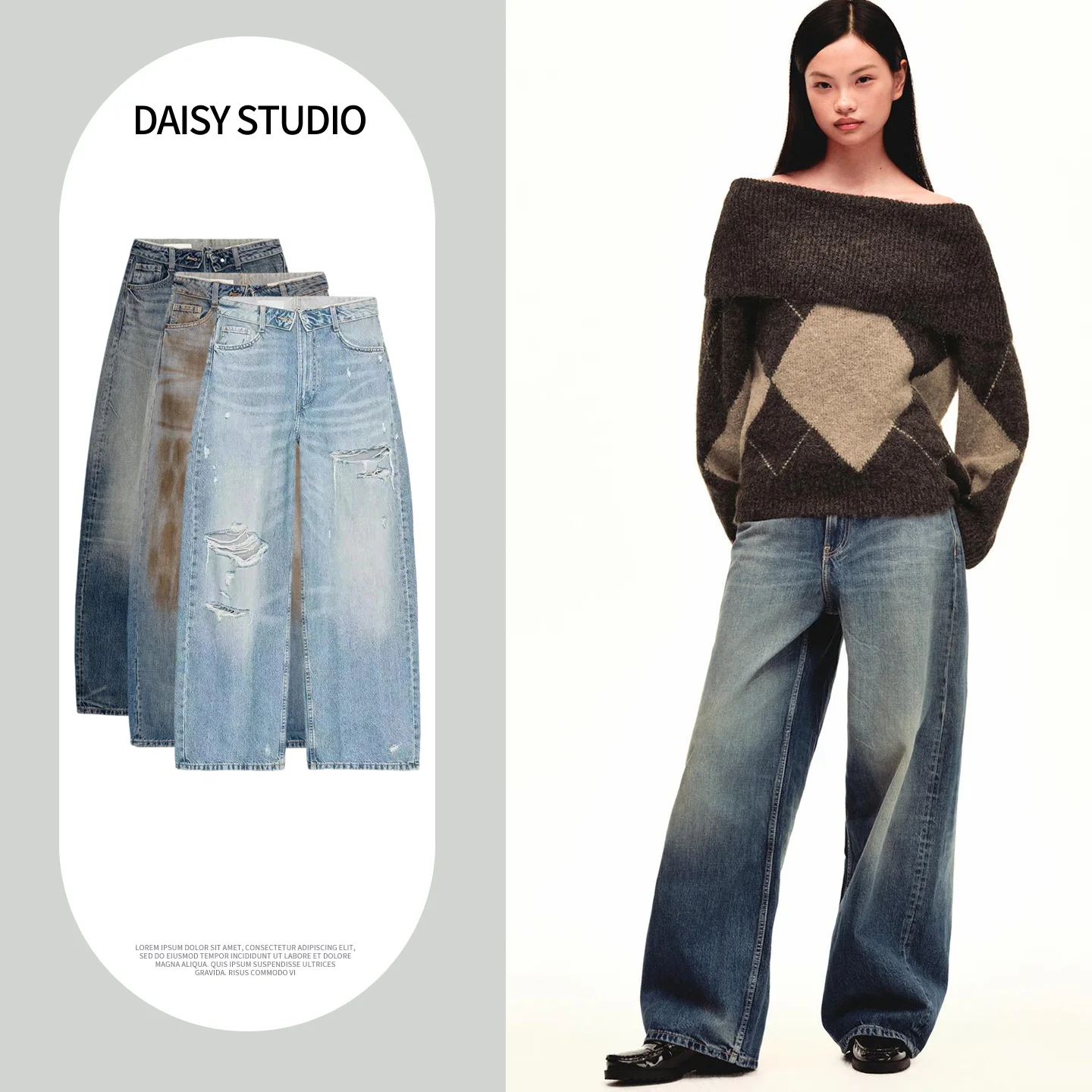 

Spring New Women's Jeans Waed Effect mid Waist Cuffed Long Pants l Waist Hole Polyester Fiber Zipper Wide Leg Ladies