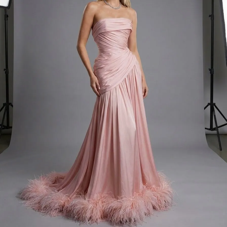 

Ofherown Strapless Blush Pink Evening Dress With Feather Train Satin Ruched Prom Gown Formal Party Carpet Prom Dress Customized