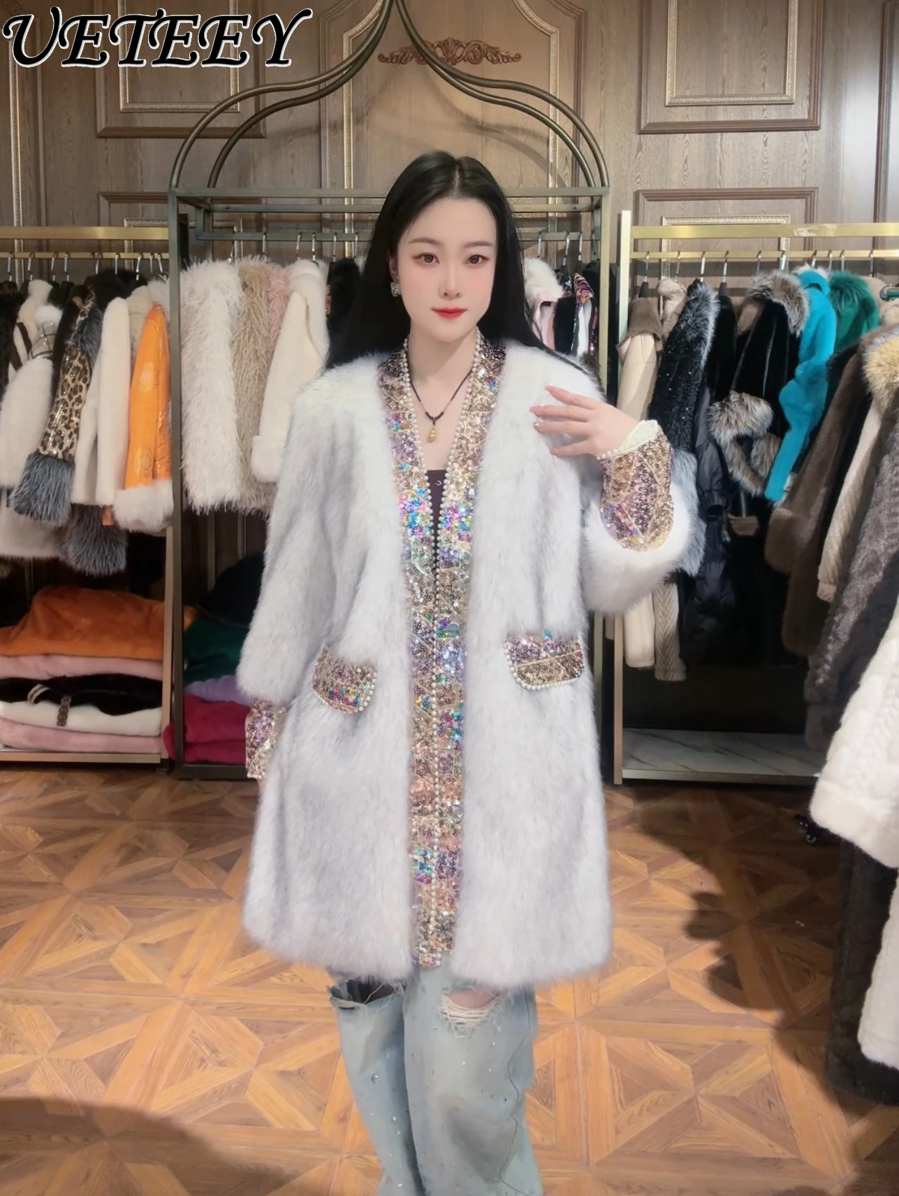 

Winter New Color Matching Explosion Heavy Industry Imitation Fur Coat Sequined Pearl Foreign Style High-end Mid-length Jacket