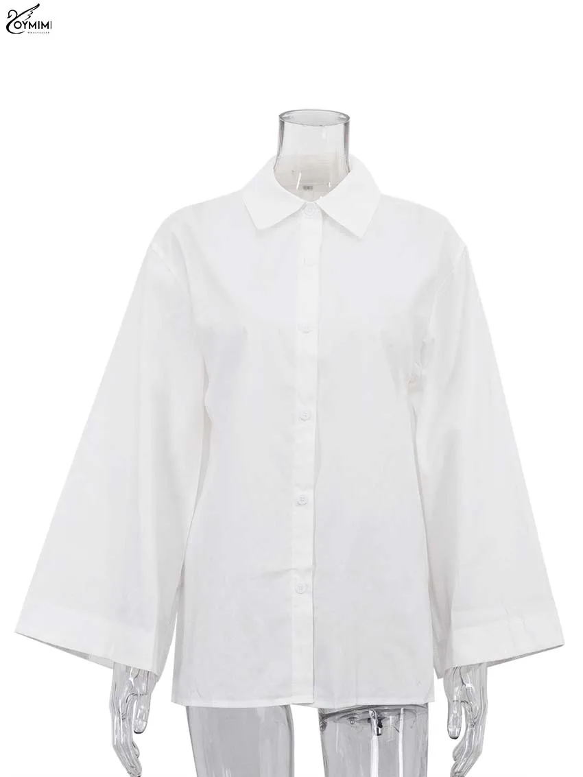 قمصان نسائية قطنية بيضاء عصرية من Oymimi قمصان أنيقة بياقة مقلوبة وأكمام طويلة بلوزات غير رسمية واحدة الصدر للسيدات #5
