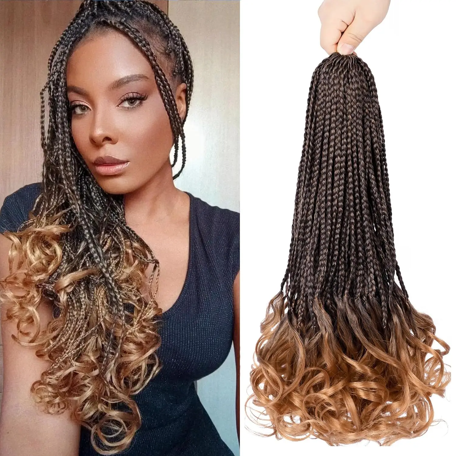 Trenzas pequeñas W Curls, pelo rizado de ganchillo, trenzas en caja de diosa con extremo rizado, adecuado para cabello trenzado sintético fácil de usar para mujeres
