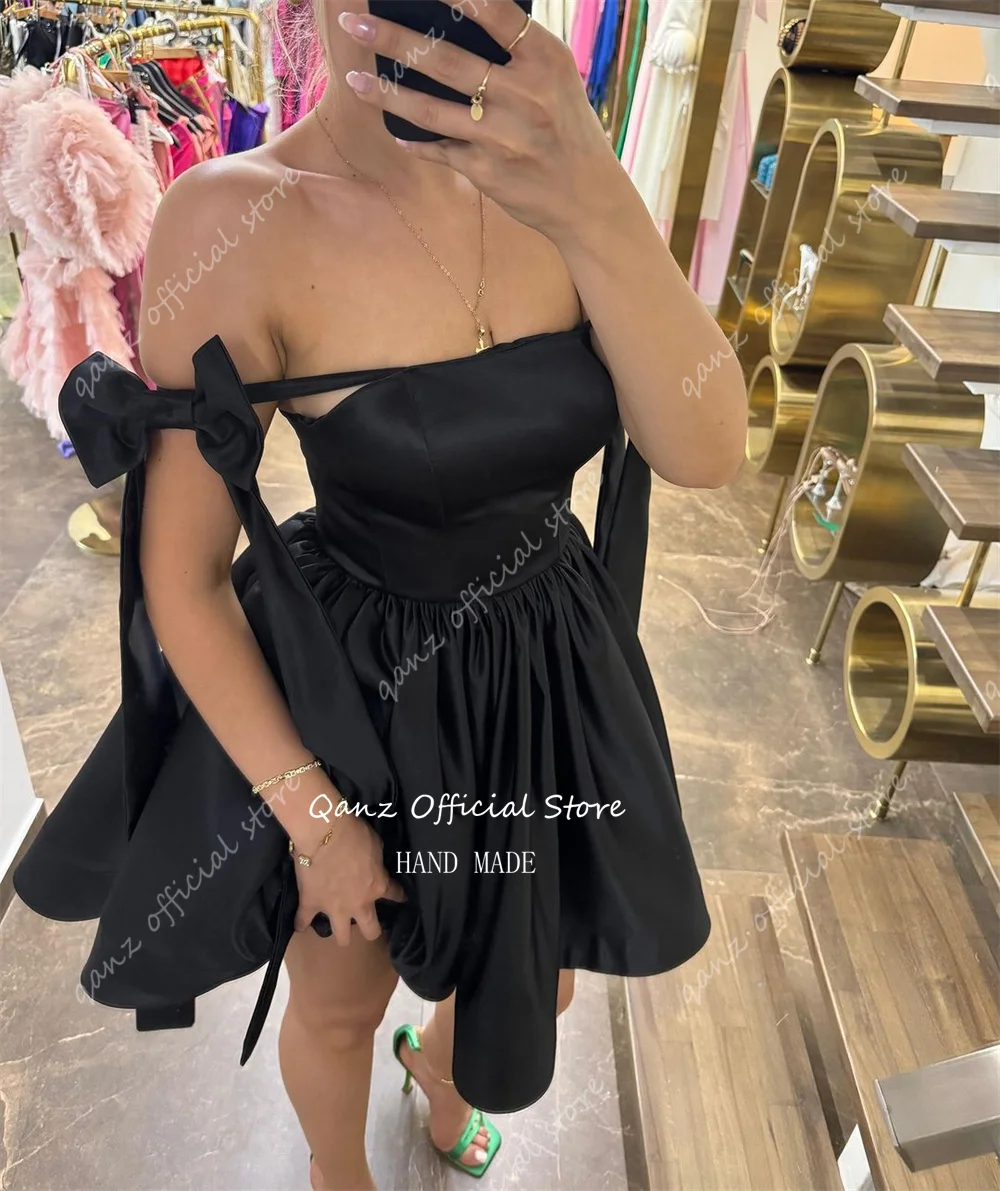 Qanz Short Black Satin Vestidos De Graduación Bow Straps Cocktail Dresses Vestidos De Fiesta Homecoming Dresses 2024 Customized