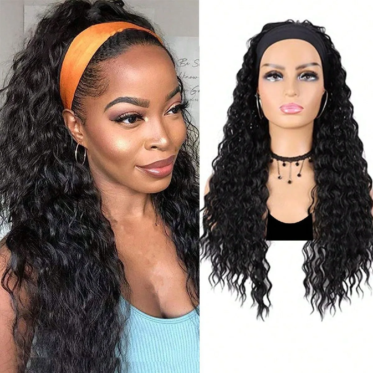 Synthetic Water Wave Headband Wig for Women, Glueless Half Wig, Curly Wigs with Headbands Attached, Natural Black for Daily Use