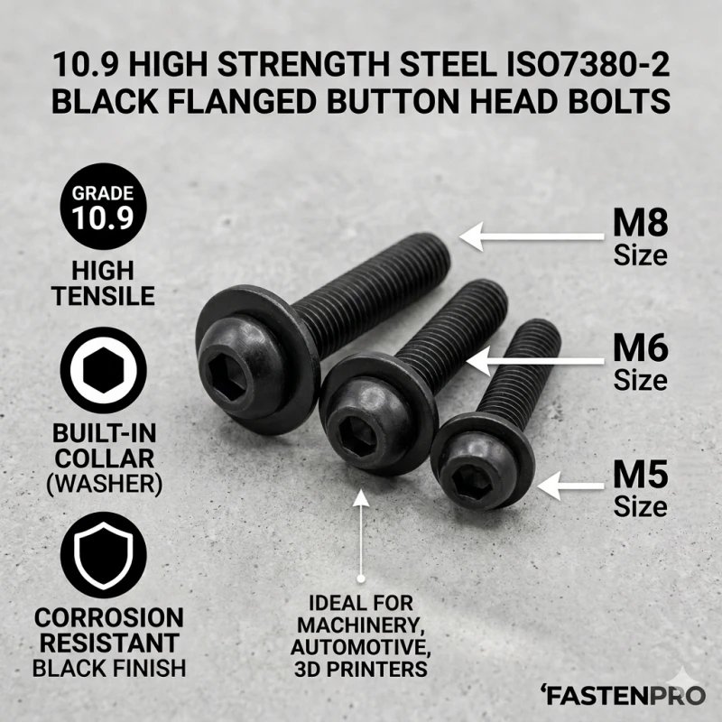 ISO 7380-2 10.9 Grade High Tensile Black Carbon Steel Button Head Hex Socket Screw with Flange M5 M6 M8 Collared Bolt