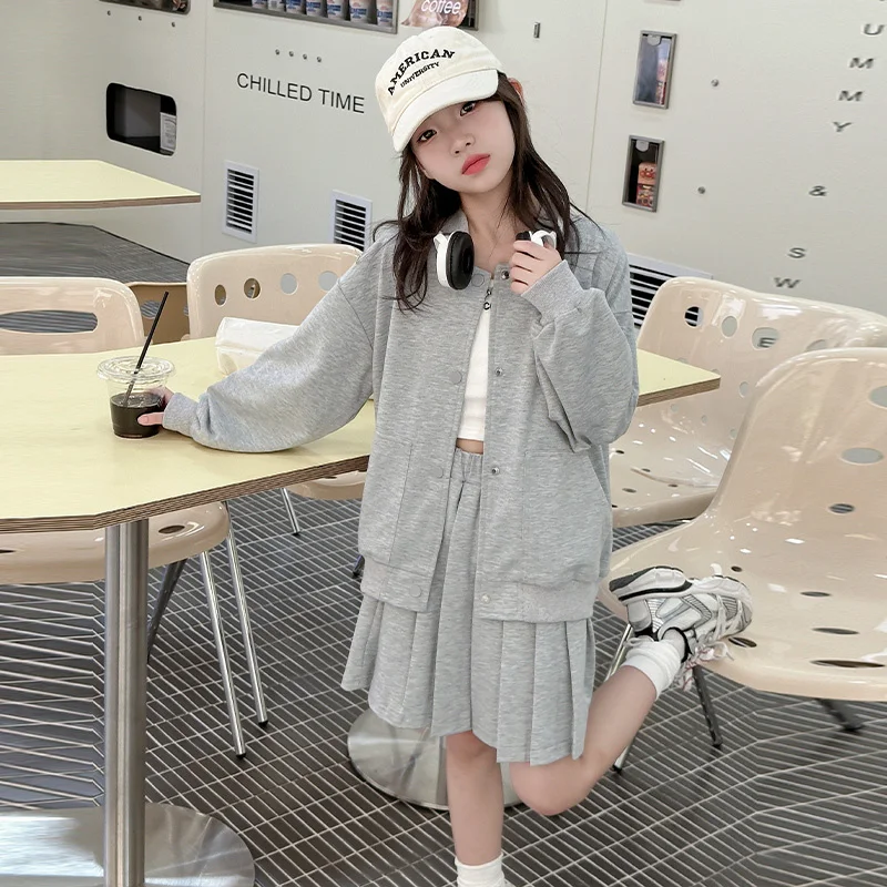Teen Girls Elegant Suit Jacket with Pleated Midi Skirt Baseball Uniform Set Kids Cotton Sports Clothes 2pcs JK Outfits Set 5-14T
