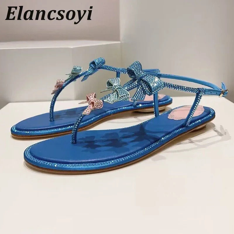 Summer Spite Toe Sandals Women Shiny Rhinestone Bow Decor Ankle Strap Flat Sandalias Outdoor Leisure Vacation Beach Shoes 2025