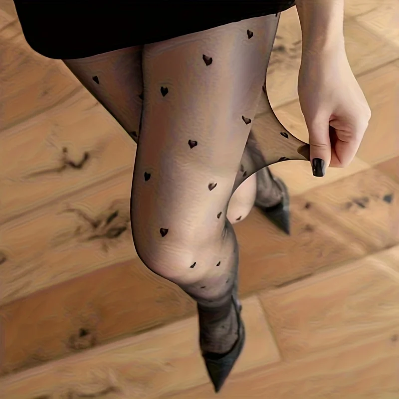 1 Pair Women's Sheer Black Tights with Heart Pattern (Slimming Effect) – Suitable for Dresses, Parties, and Casual Outfits