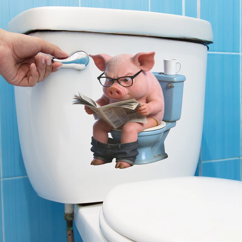 Cartoon Funny Newspaper Reading Piglet Vinyl Toilet Stickers Self Adhesive Removable for Bathroom WC Waterproof Home Decoration