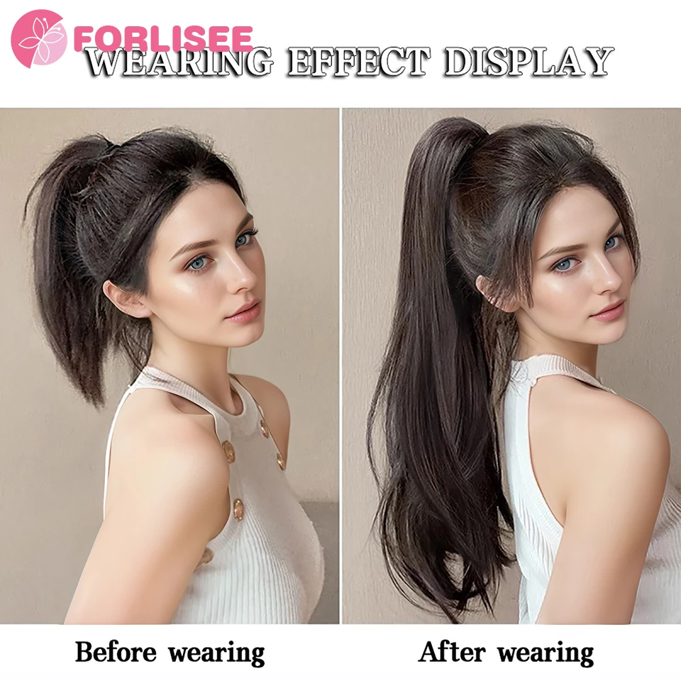 FORLISEE Synthetic Grab Clip Ponytail Hair Extension Wig Natural Black 60CM Clip On Woman Horse tail Wig Long Straight Hairpiece