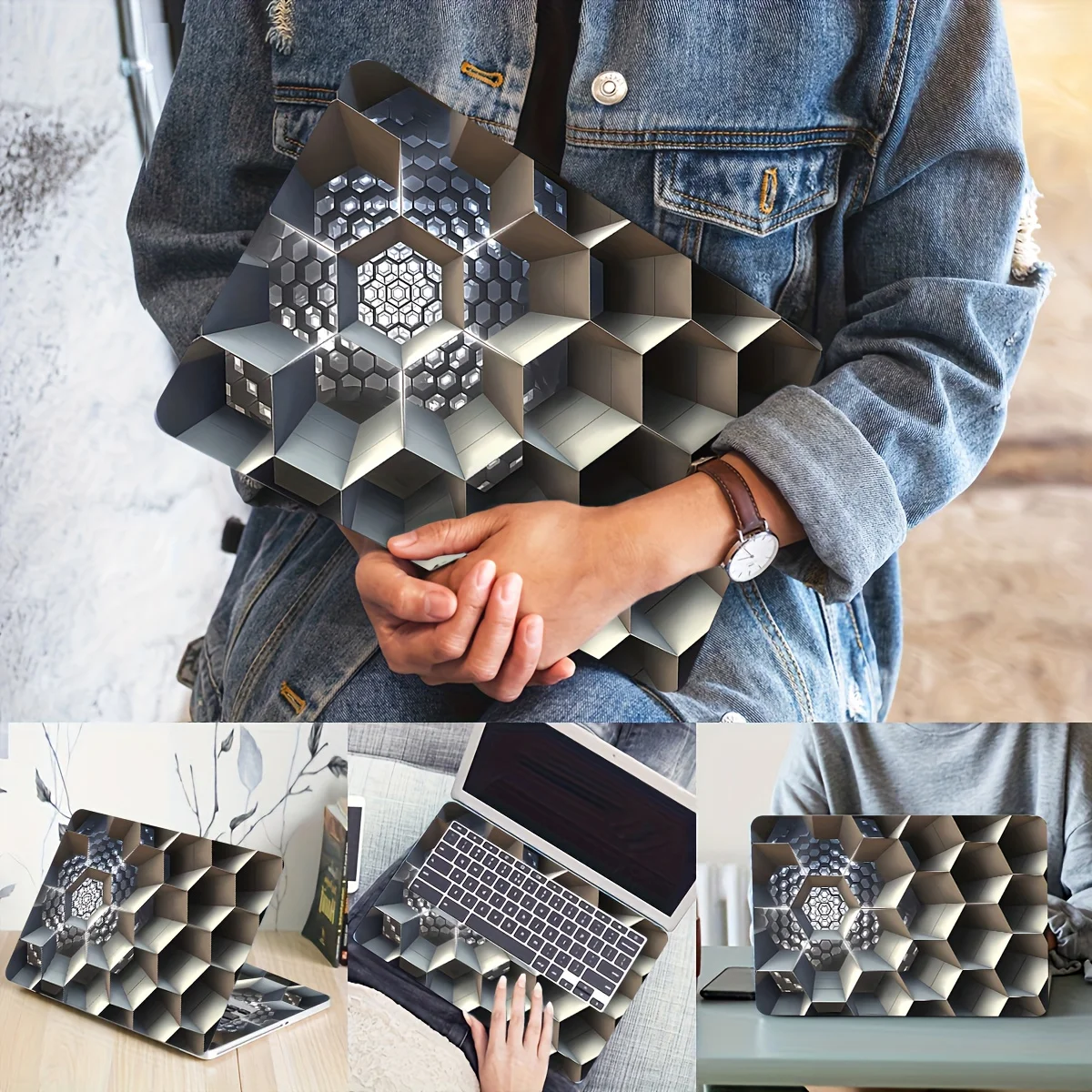 Funda de calcomanía de arte geométrico para ordenador portátil con patrón de 2 piezas, pegatina de piel Universal para Netbook, pegatina de piel para portátil no reutilizable, resistente al agua