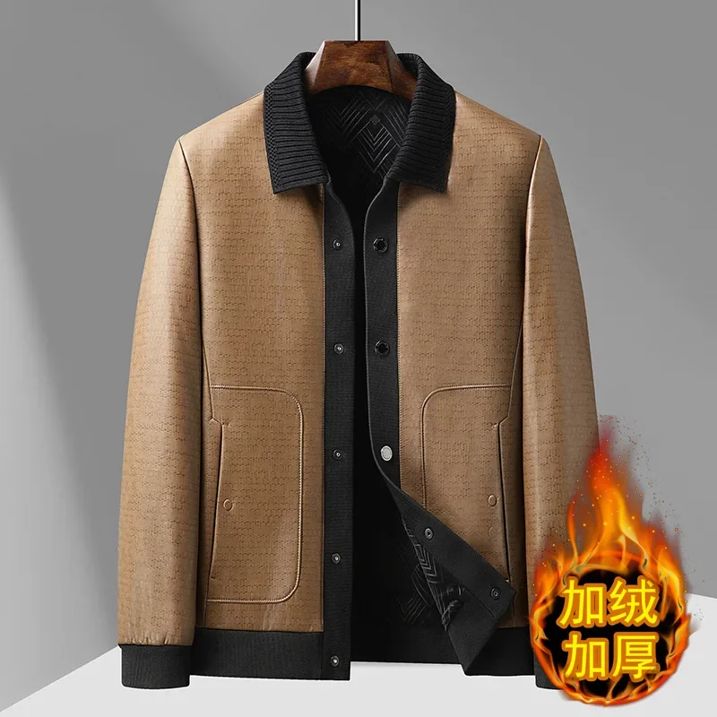 2025 men's autumn new, fashionable casual lapel leather jacket, youth business color matching leather jacket