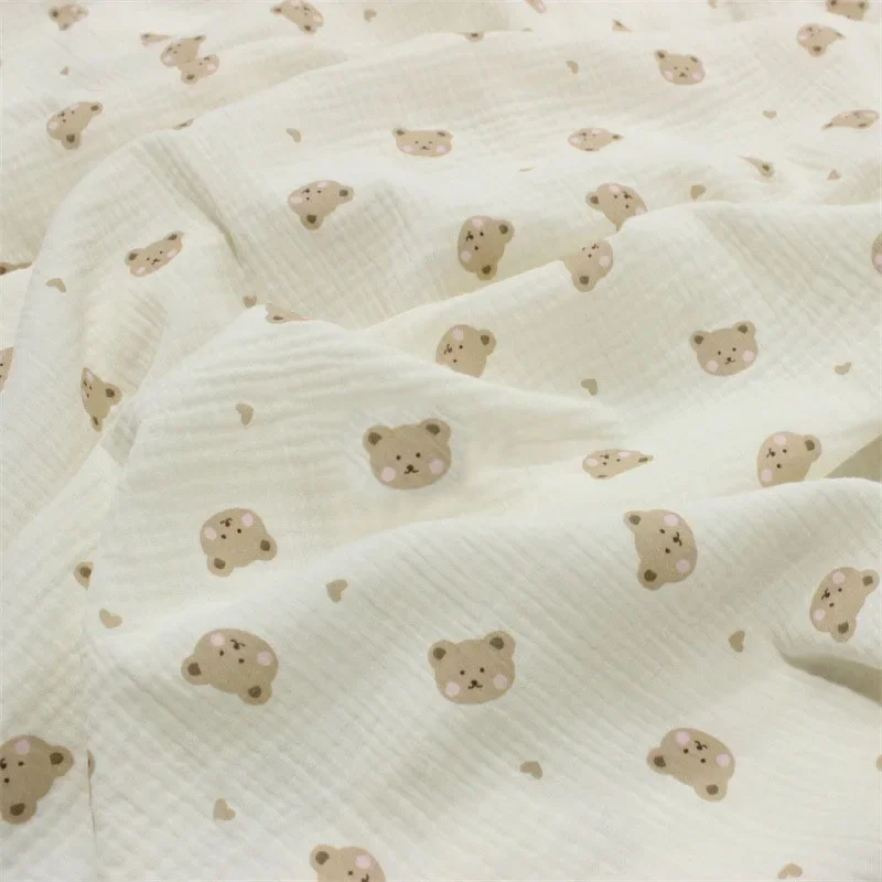 Tela Seersucker de crepé de algodón de doble gasa por metros, Material de algodón con estampado de oso bonito, manta de tela para pijamas de costura DIY para bebé