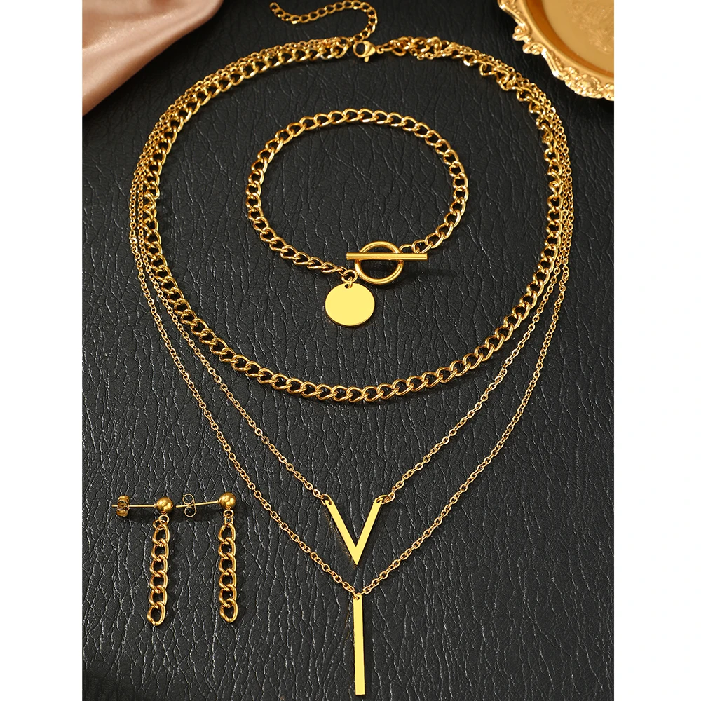 Stainless Steel Jewelry Set Fashion Hanging Bracelet Chain Earrings Cascading Chain Necklace Jewelry Set For Women Jewelry Gift