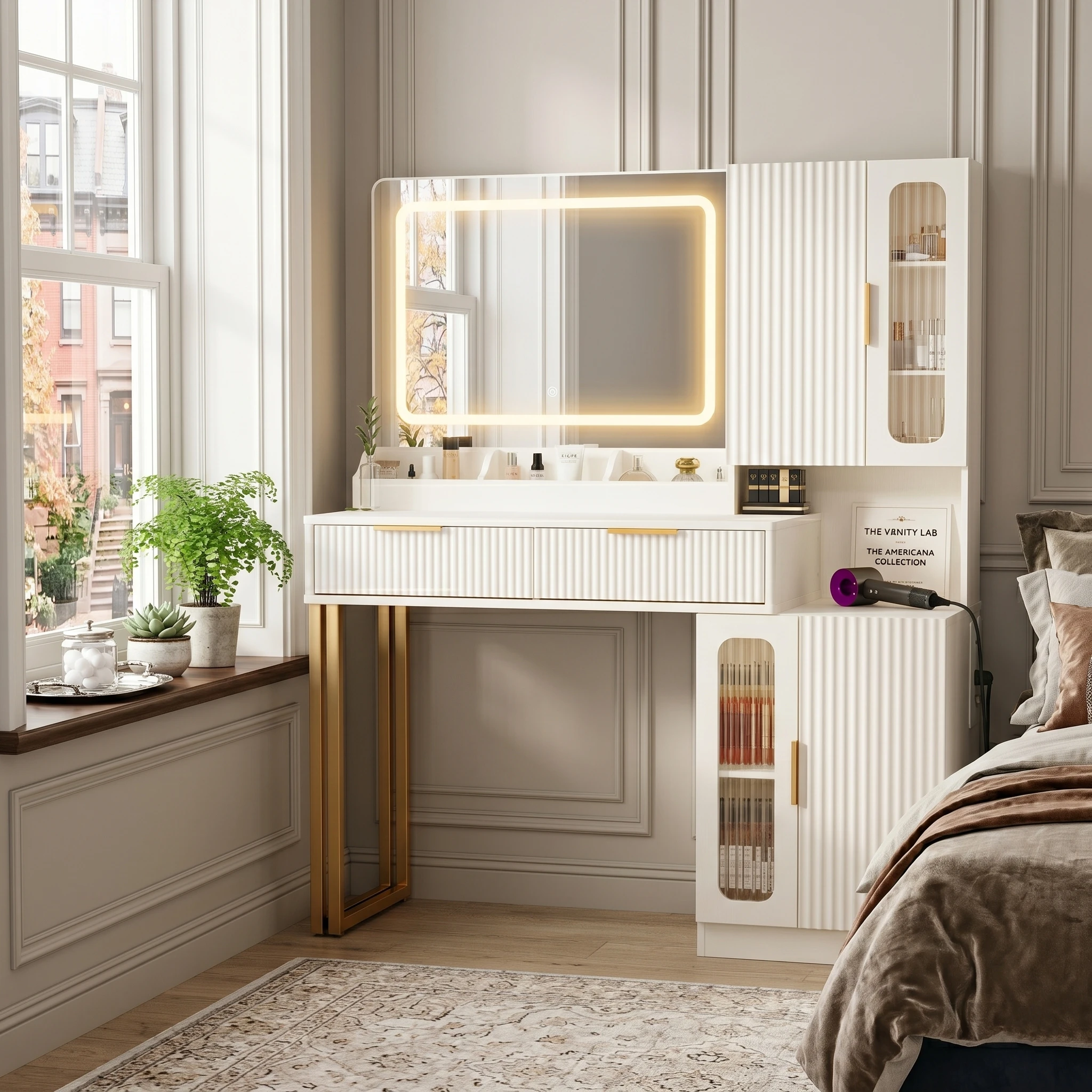 44" Vanity Desk with Mirror and Lights, Makeup Vanity with Fluted Storage Drawer, Clear Glass Cabinet, 3 LED Lights Modes, Power