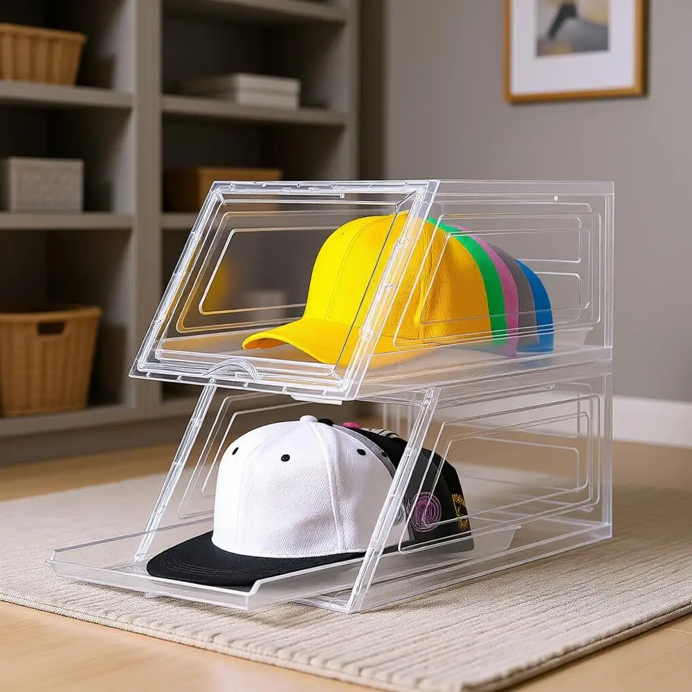 

Органайзер для бейсболок, прозрачный органайзер для кепок с выдвижным ящиком, коробка-держатель для головных уборов в шкаф, штабелируемая подставка для кепок, Mu