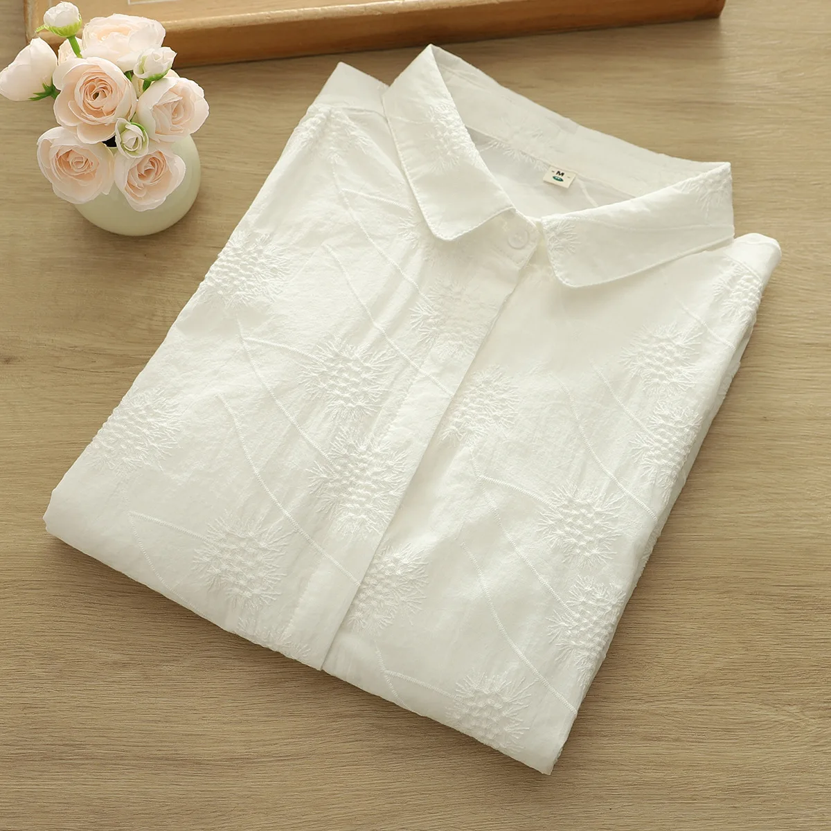 ใหม่2025ฤดูร้อนผ้าฝ้ายแขนสั้นเสื้อผู้หญิงLapel Dandelionเย็บปักถักร้อย, MoriสาวRetro OLเดินทางเสื้อหลวมT54336CC