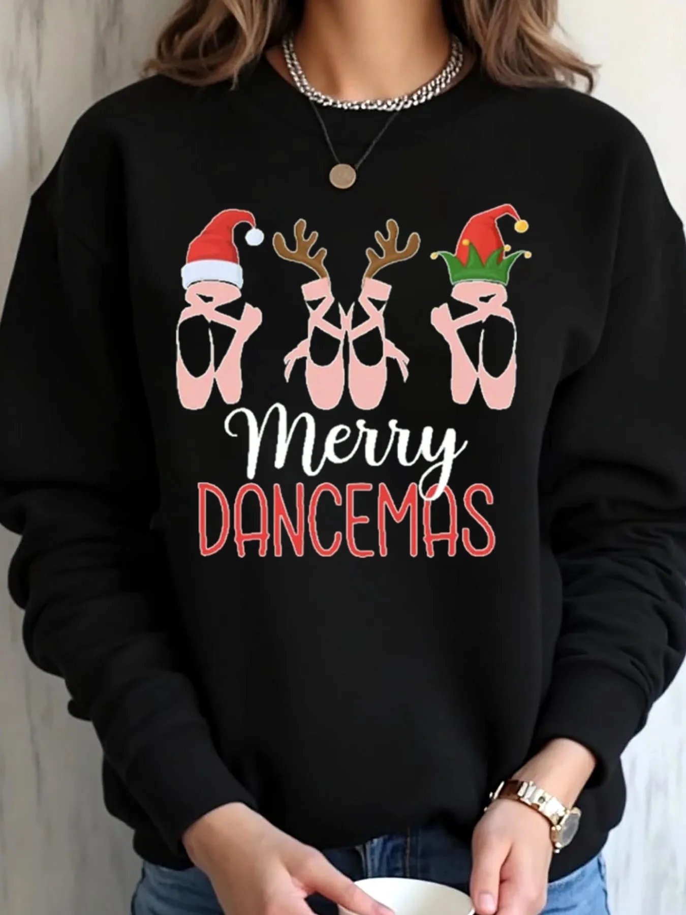 Women Oversized Sweatshirt Christmas Ballet Shoes And Reindeer Merry Dancemas Print Outdoor Wear