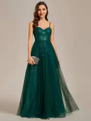 Precioso vestido de noche para dama de honor, escote Corazón, tirantes finos, color verde oscuro brillante, 2024