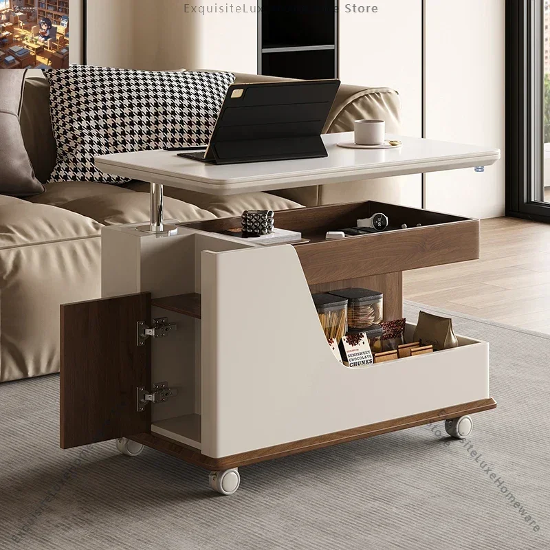 Movable multifunctional side table coffee table small apartment living room balcony trolley rock slab lifting solid wood sofa s