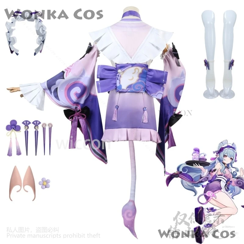 게임 Genshin Impact Yumemizuki Mizuki 코스프레 애니메이션 핑크 퍼플 메이드 복장 로리타 가발 모자를 쓰고 있죠 양말 귀걸이 소녀 용