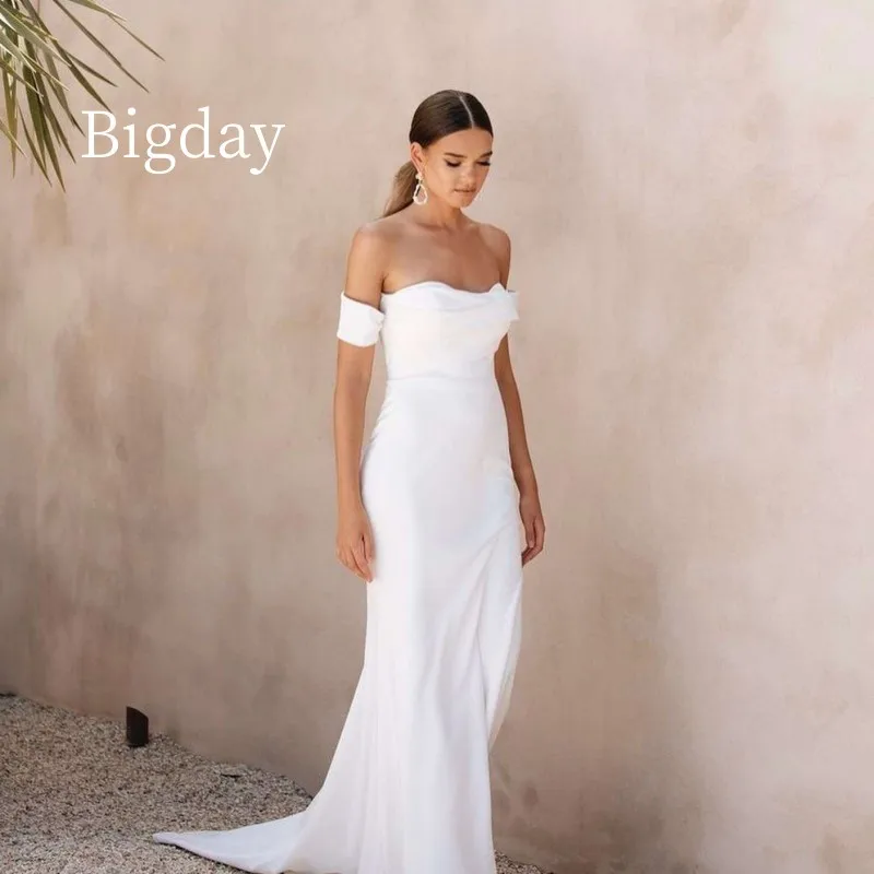 Elegant Mermaid Wedding Dresses Women Open Back White Off The Shoulder Satin Strapless Bridal Gown Sweep Train Vestidos De Novia