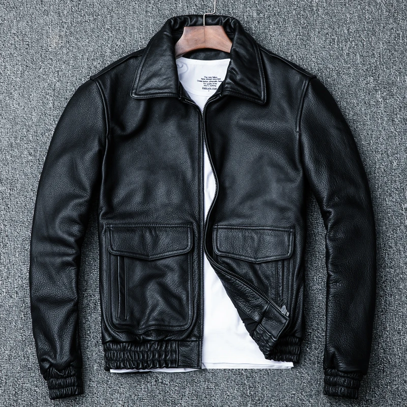 

Top-grade Pure Full-grain Leather Men's Flight Jacket Lapel Leather Jacket New Style Large Size Coat