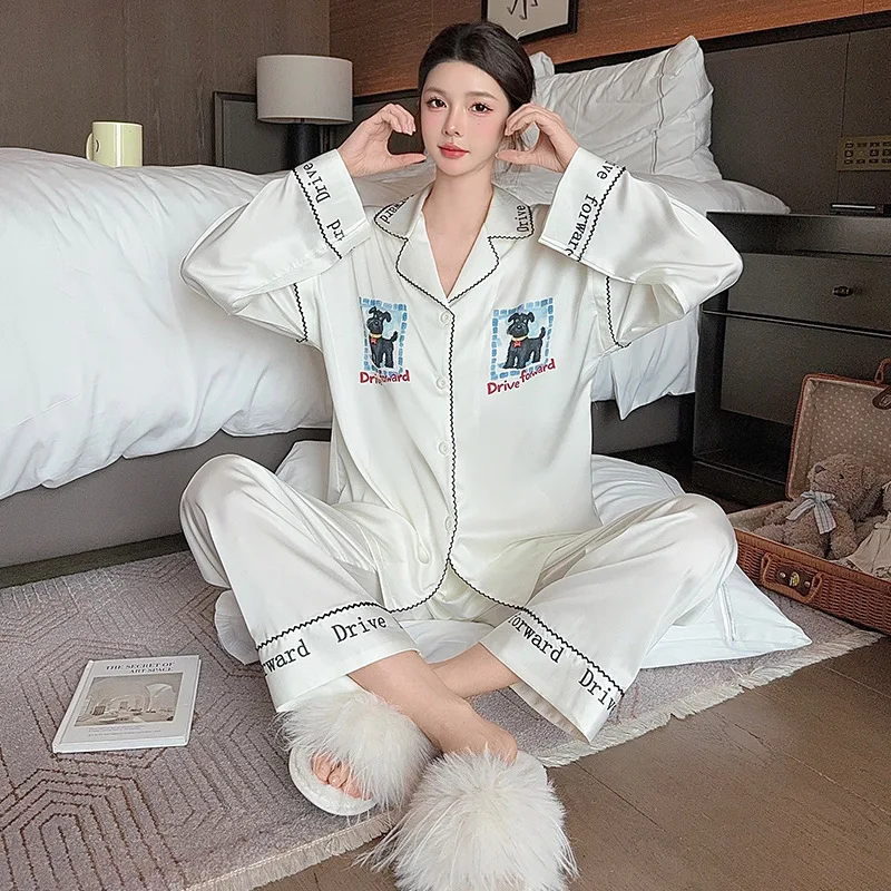 2025 Spring New Ins Style Pajamas Two Piece Set Women Tiktok Dog Puppy Long Sleeve Pants Nightgown Sleepwear Home Clothes Cute