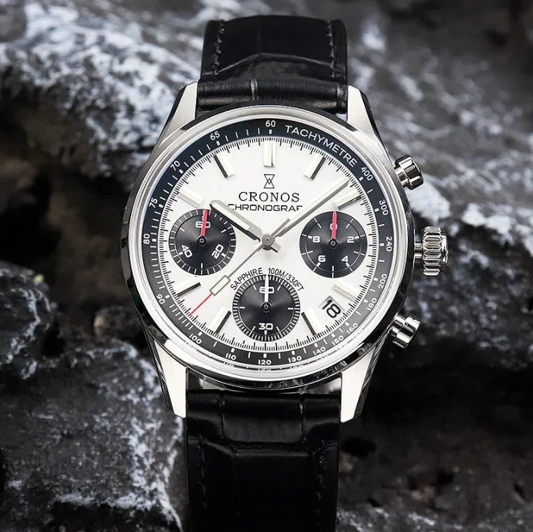 CRONOS Men Chronograph Watch Pilot 38.5mm Panda Quartz Wristwatch Sapphire Mirror 100M Waterproof BGW-9 Luminous Miyota 6S20