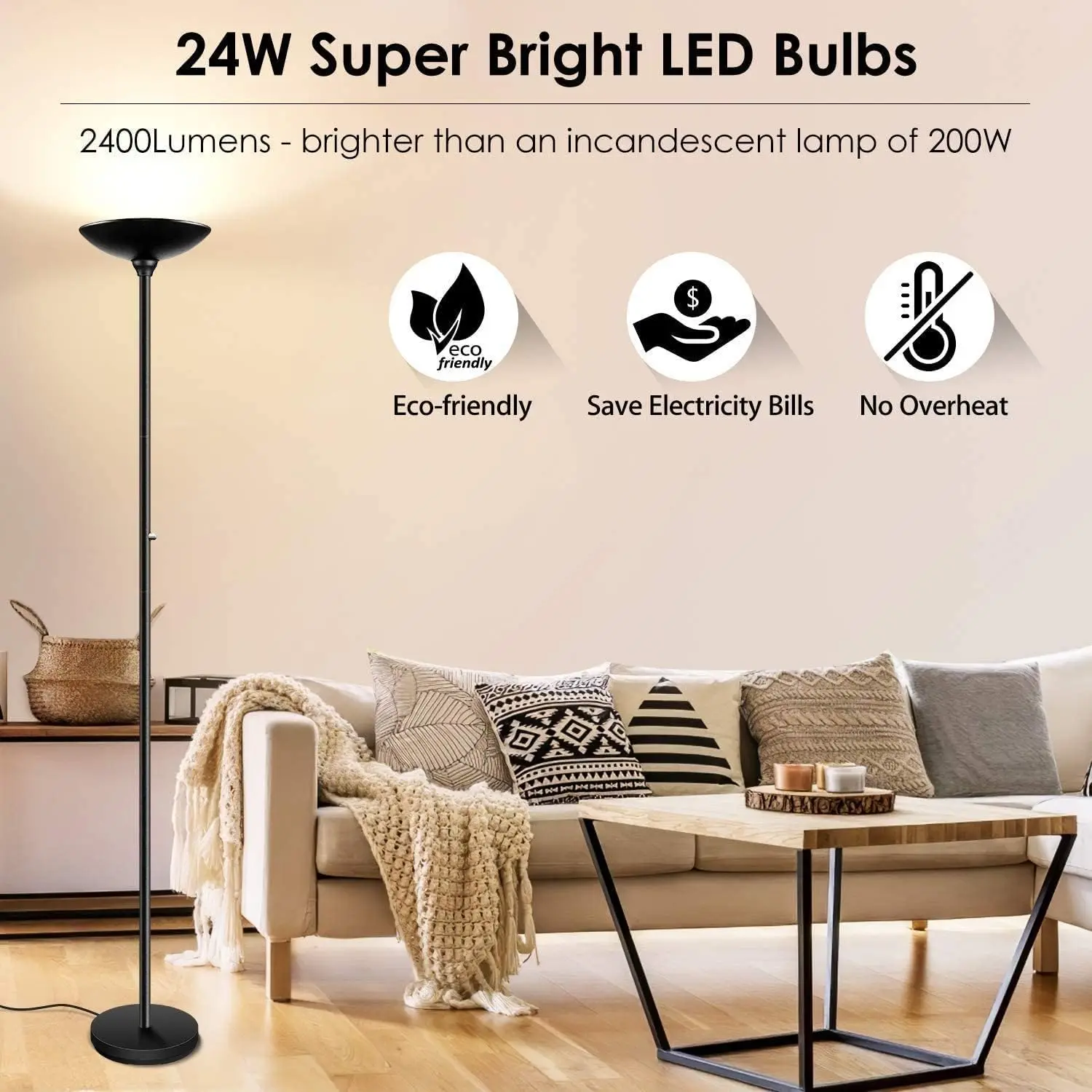 24W Super Bright LED Standing Lamp, Stepless Dimmable Pole Lamp with 3000K Lighting