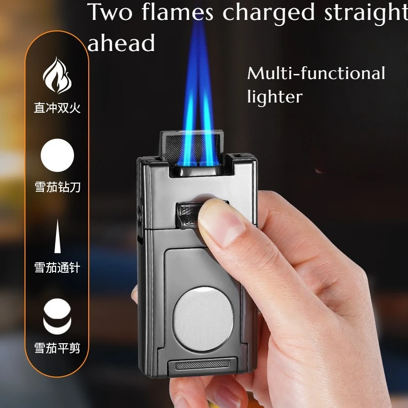 Multi-functional Cigar Machine Double Windproof Blue Flame Direct Injection Inflatable  Portable Lighter with Cigar Accessories