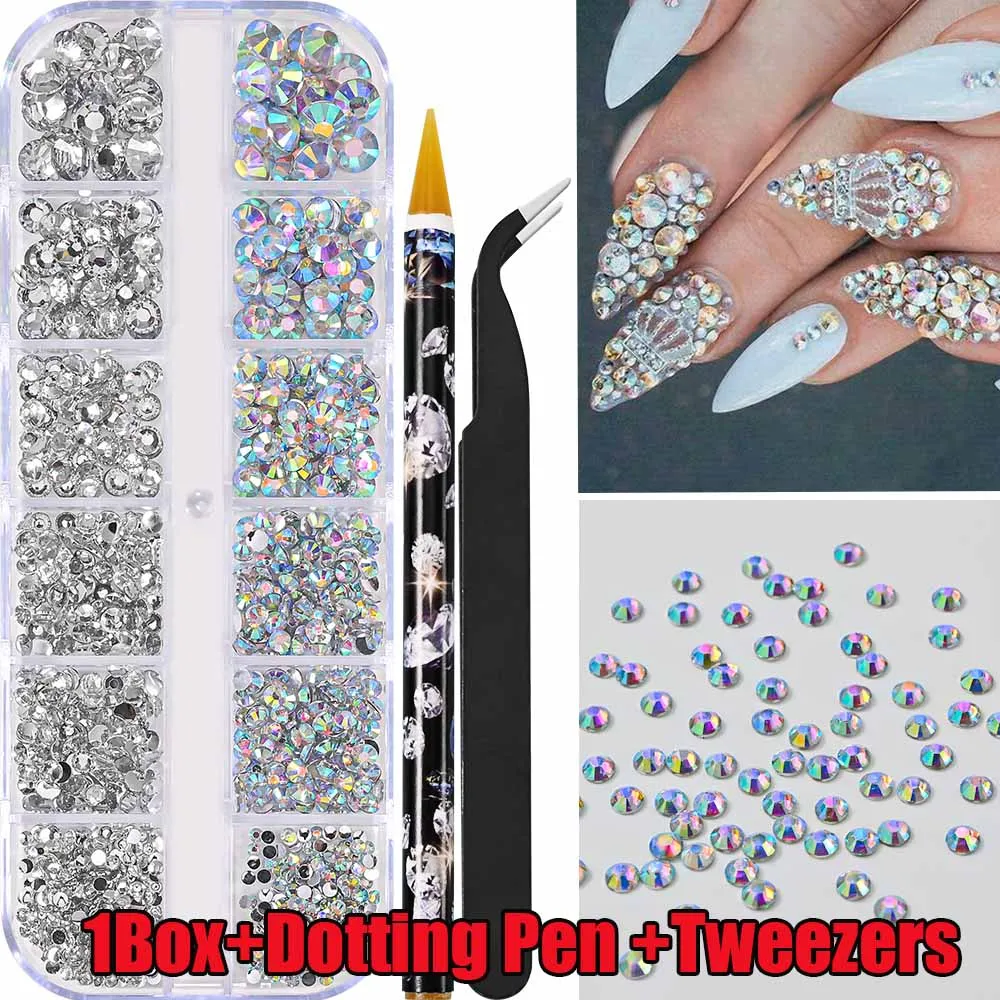 12Grids Helder Roze Mix Maten Nagelsteentjes 3D Plat Glanzend Kristal Diamant Nail Art Charms Kit met Puntjespen Pincet