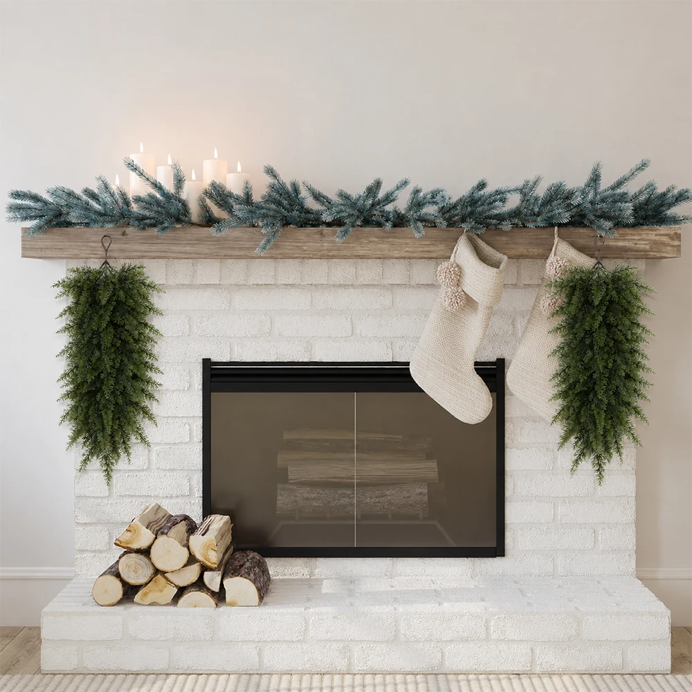 64cm Künstlicher Weihnachts-Tropfenkranz aus Norfolk-Kiefernnadeln für Haustür, Kaminsims, Kamin, Innen- und Außendekoration zu Weihnachten – Detail 5