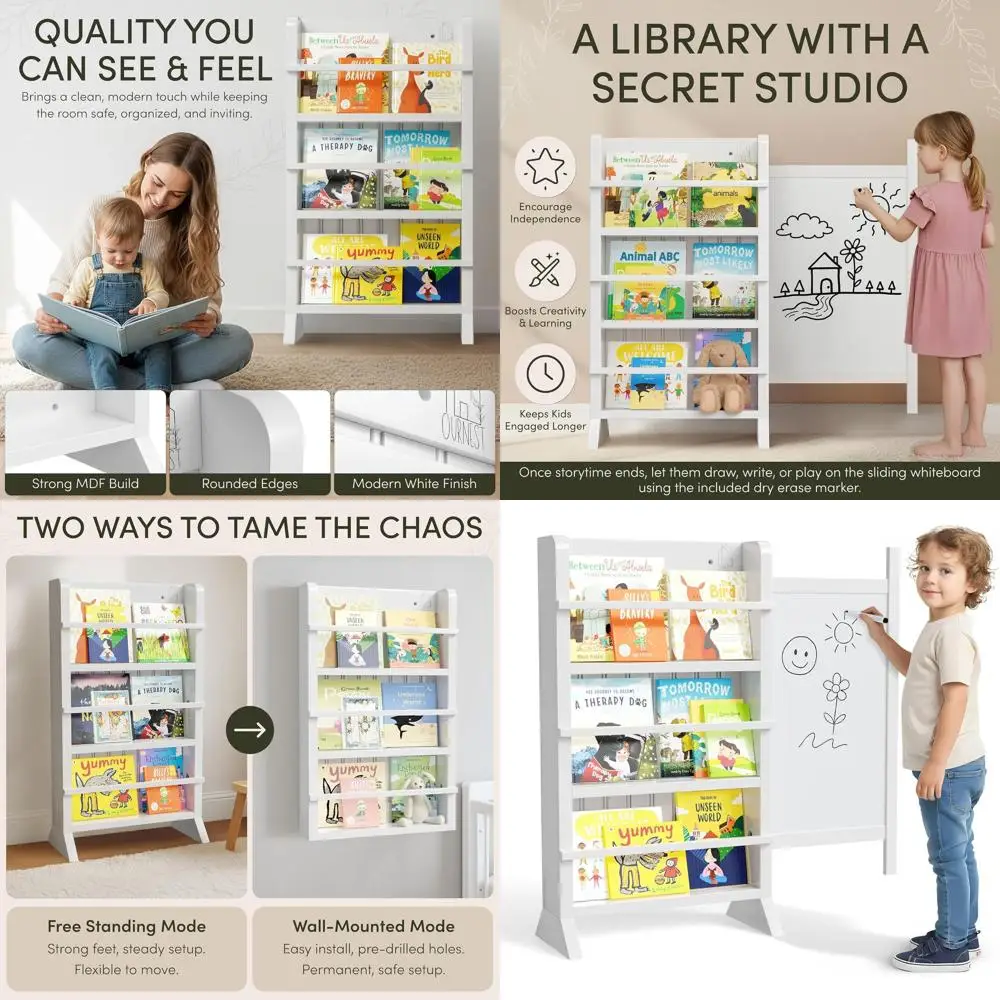 

Книжная полка для малышей в стиле Монтессори с доской и маркерами для сухого стирания — деревянный детский книжный шкаф для детской и классной комнаты