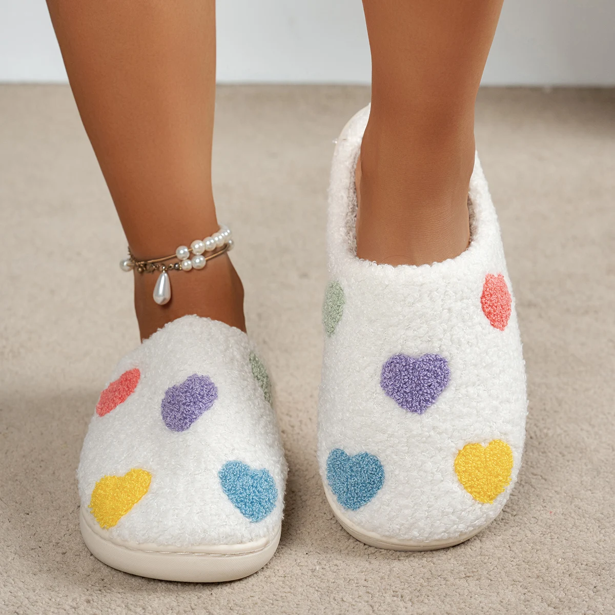 

Couples Cartoon Girl Bedroom Slippers Cute Color Heart Pattern Winter Warm Comfy Women Indoor Plush Casual Home Soft Sole Shoes