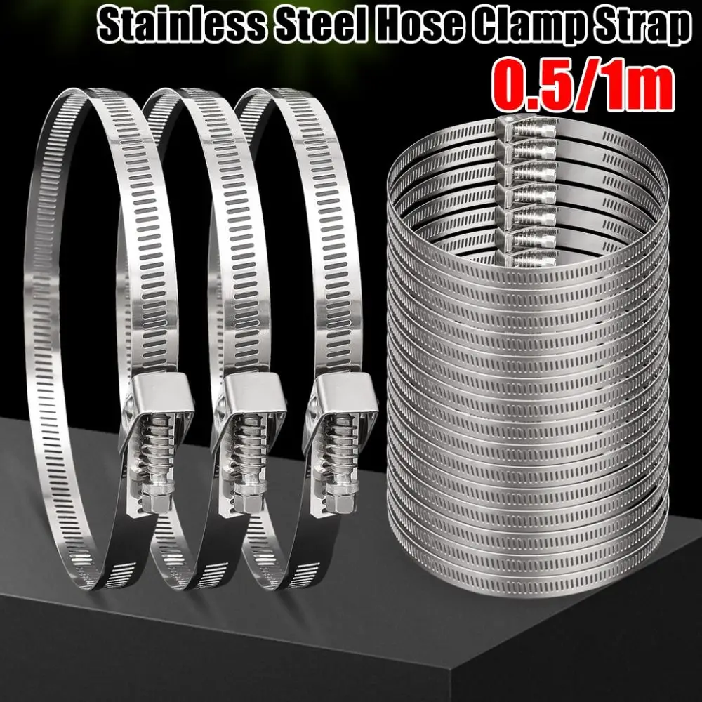 0.5/1m Durable Stainless Steel Hose Clamp Strap Adjustable Flexible Duct Clamp Zip Ties for Pipeline Fixation