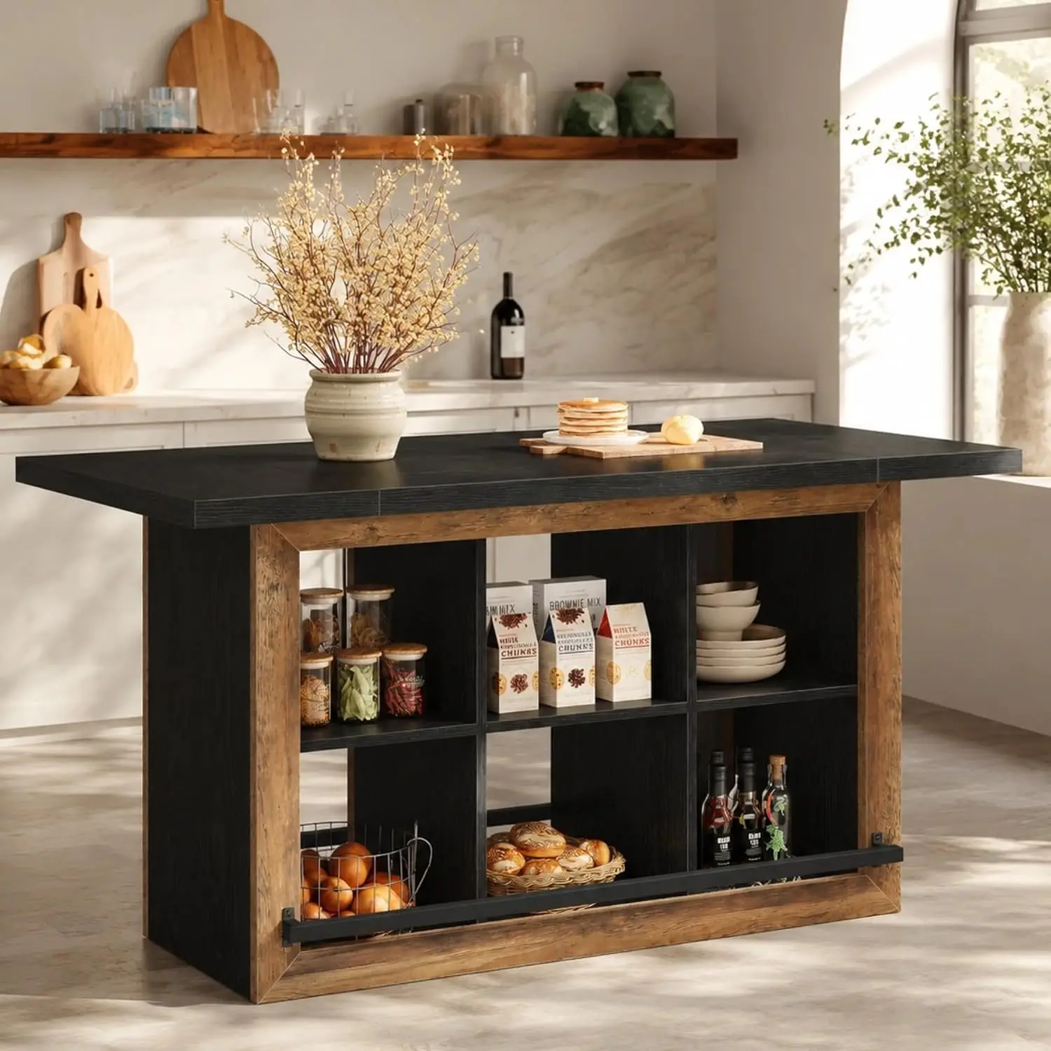 Farmhouse Kitchen Island with 6-Cubby Open Shelves & Metal Foot Rail, Butcher Block Counter Height 62.6