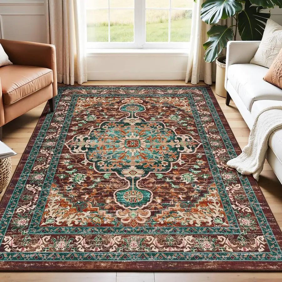 

Christmas Boho Vintage Area Rug 5x7 Machine Washable Low Pile UltraThin Soft Floor Carpet Non Slip Non Shedding Accent Rug for L