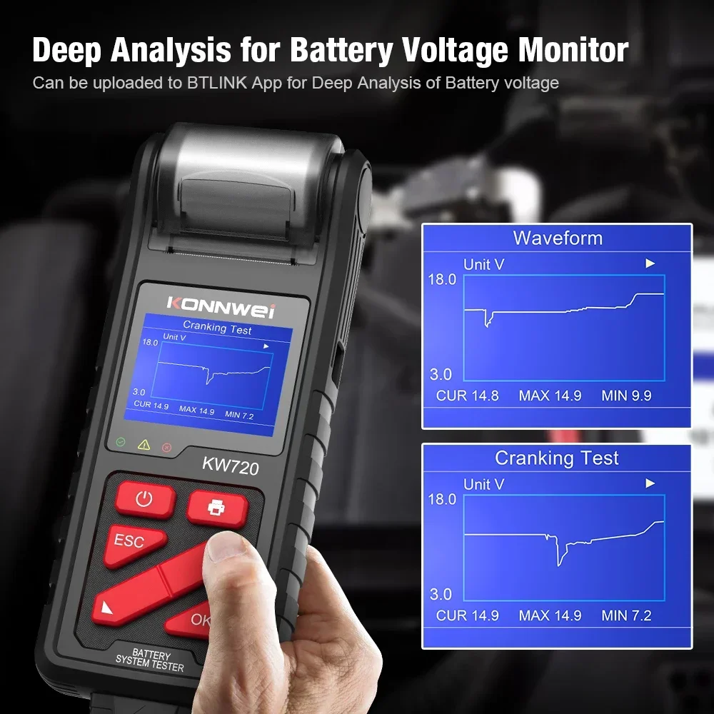 KONNWEI KW720 6V/12V/24V Truck Motorcycle Car Battery Tester Battery Analyzer Charging Cranking Test Tools with Built-in Printer