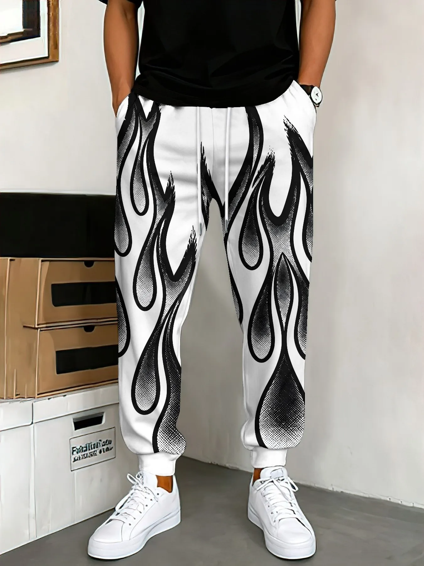 Fashionable Black and White Flame Printed Men's and Women's Pants in Large Size Loose and Quick Drying Casual Sports Pants