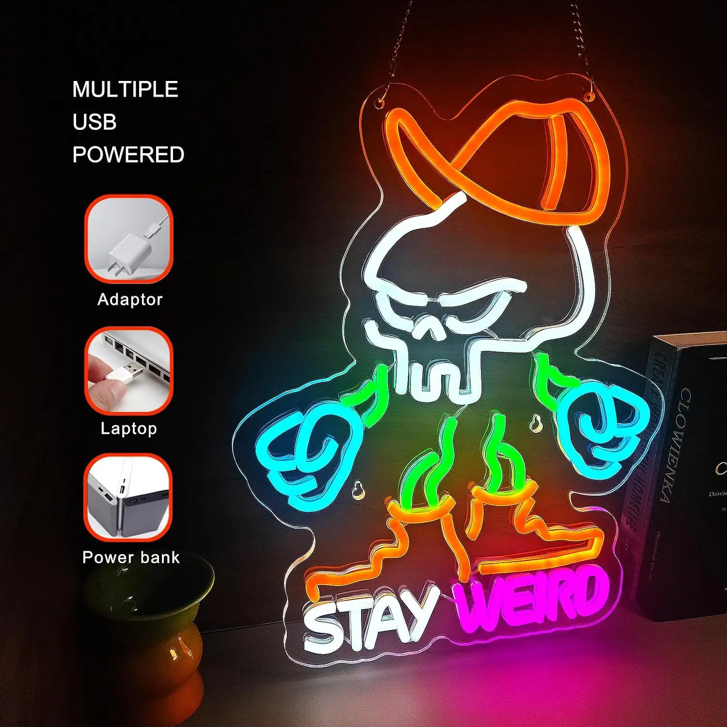Stay Weird Skull Neon Sign USB Powered LED Neon Light for Gaming Room Bar Bedroom Party Home Decoration Gift Night Light