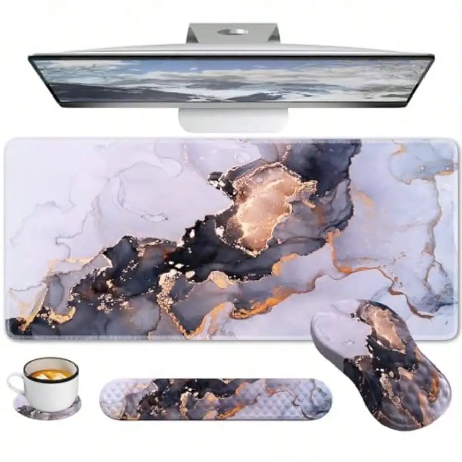 

Desk Pad Mat Large Mouse Pad with Wrist Rest Ergonomic Keyboard Wrist Support XXL Carpal Tunnel Mousepad Set with Coaster Com