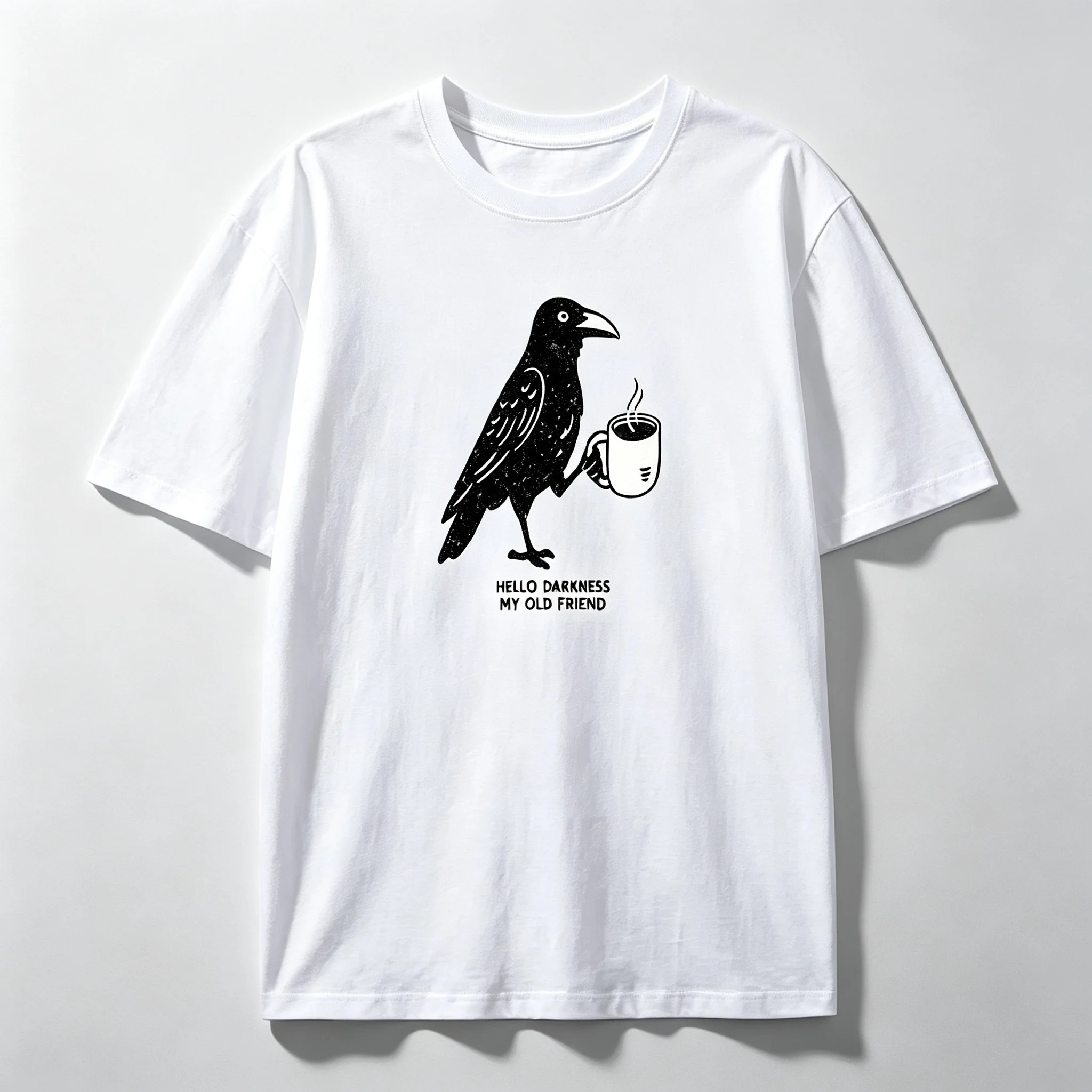 Vintage Raven Crow Coffee Graphic T-shirt Hello Darkness My Old Friend Funny Bird Lover Unisex Casual Short Sleeve Tee