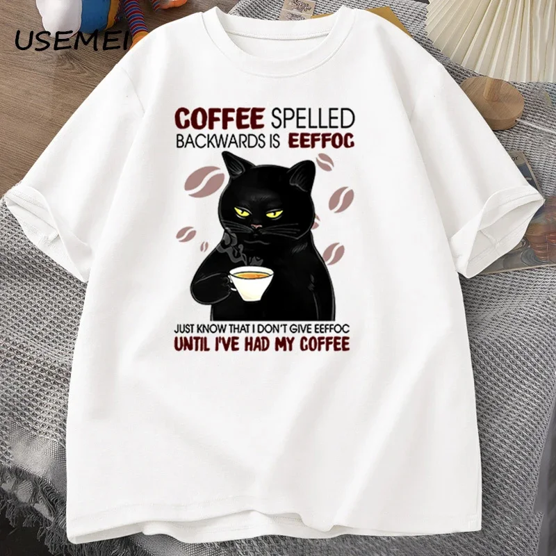 Coffee Spelled Backwards Cat T-shirt Funny Cute Graphic Tees Summer Unisex Cotton ONcek T Shirt Oversized Mens Clothes oversized