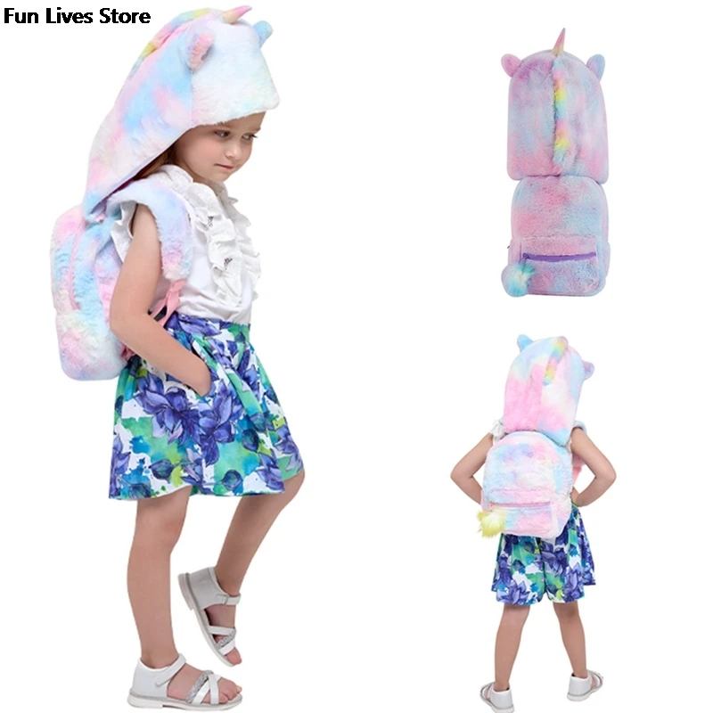 

Unicorn Hooded Plush Backpack Creative Girls Cartoon Schoolbag Soft Cute Backpacks Kids Fashion Stuffed Mochila Winter Book Bag